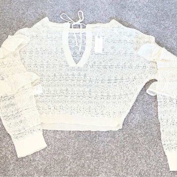 ANTHROPOLOGIE Womens Sweater Size XS Cream Sheer Open-Stitch Ruffle Coquette - Picture 12 of 12